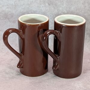 2 Vintage Ceramic Espresso Coffee Mugs Cups Brown 4" Tall Demitasse Stoneware